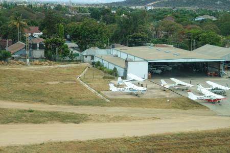 An aerial view of the Central Aviation Services (CAS) hangar at Dodoma airport, Tanzania.
